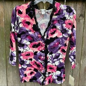 SARAH SPENCER dark floral print ruffle 3/4 sleeve fitted cardigan fall spring